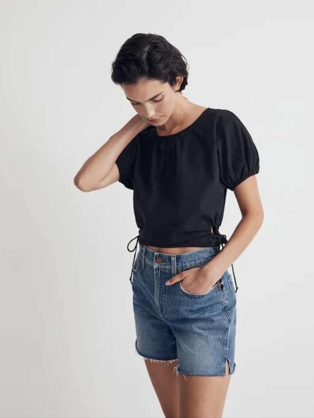 NWT Madewell Embroidered Poplin Puff-Sleeve Cutout Crop Top Size M